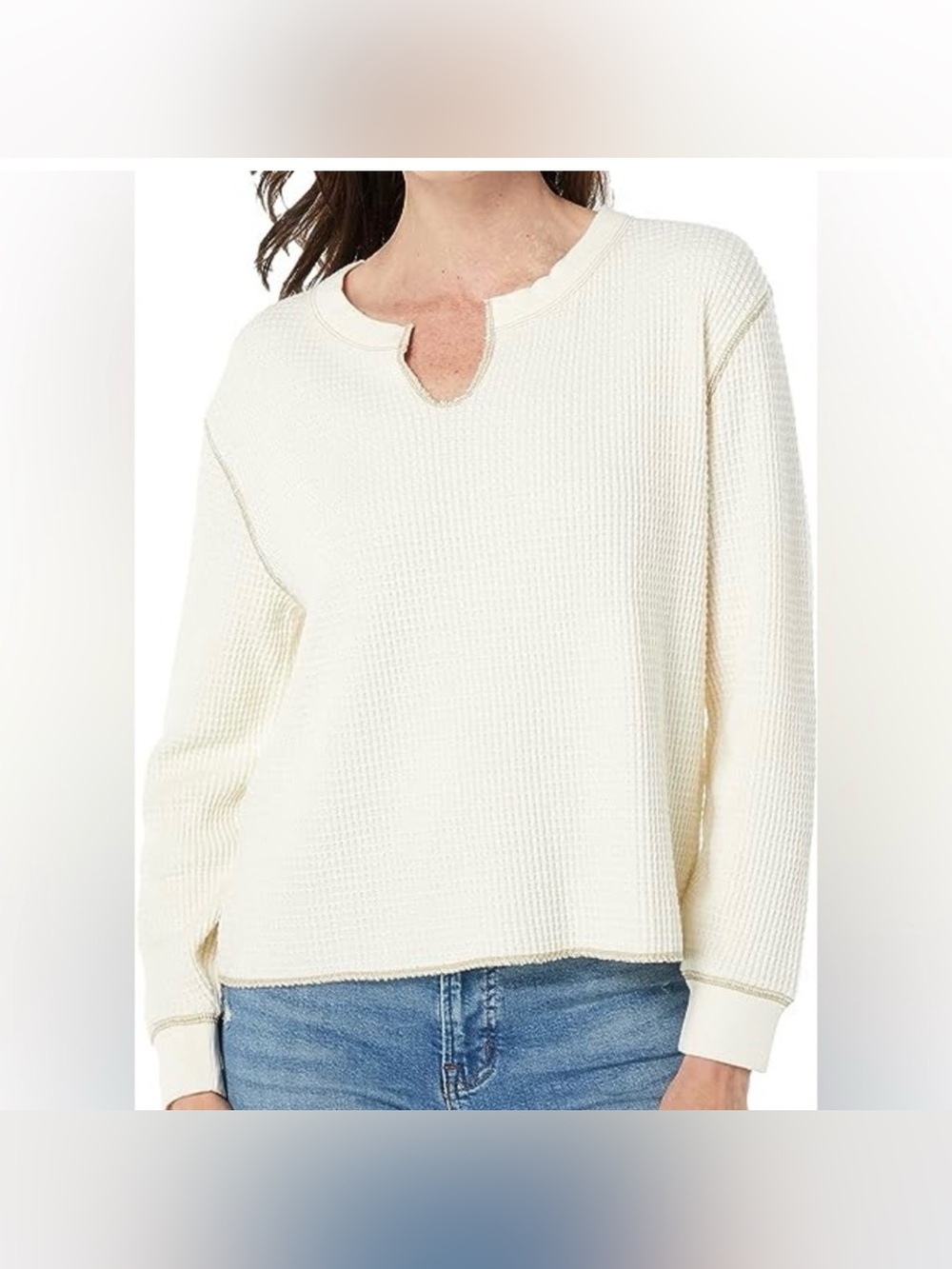 Madewell Cream Waffle Knit Notched Neckline Minimalist Long Sleeve Top Size L